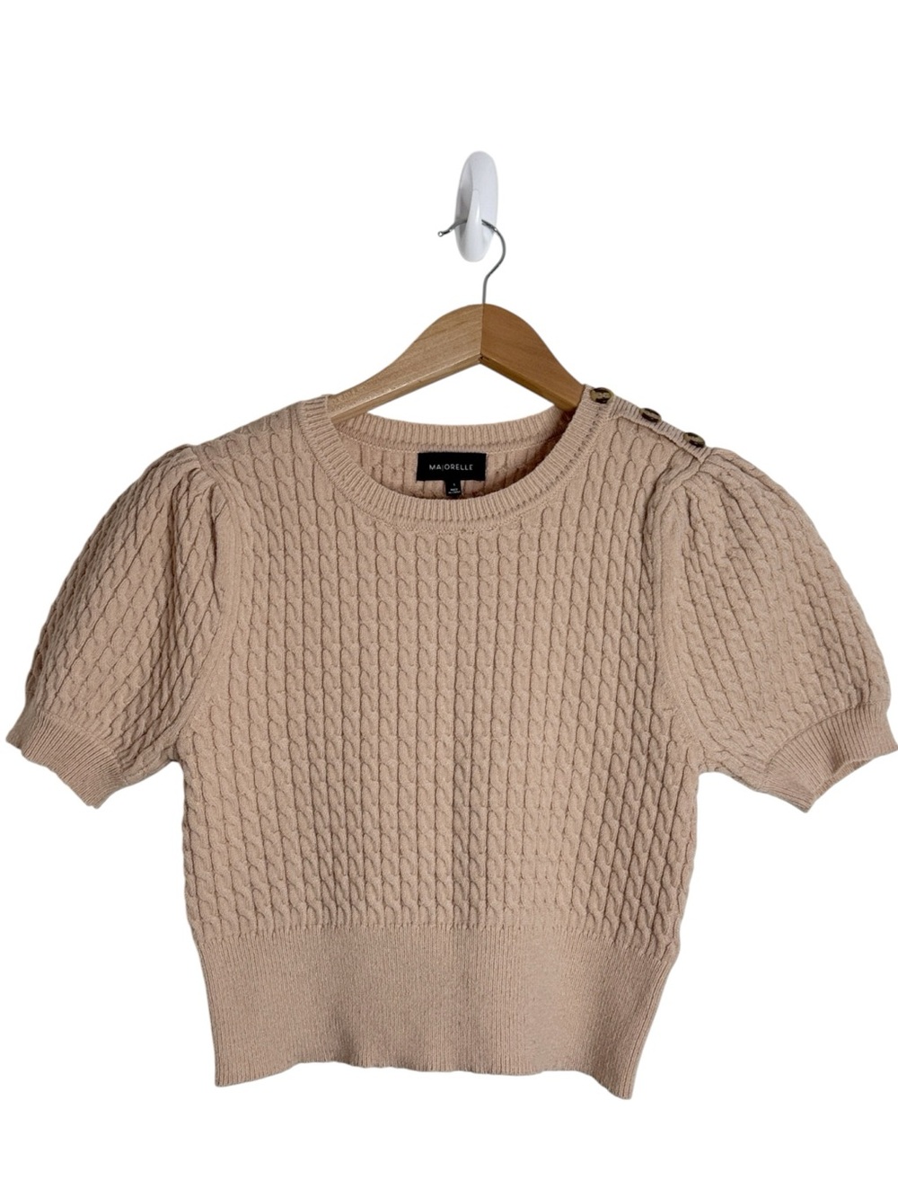 MAJORELLE Revolve Cable Knit Puff Short Sleeve Sweater Tan Button Shoulder sz S
